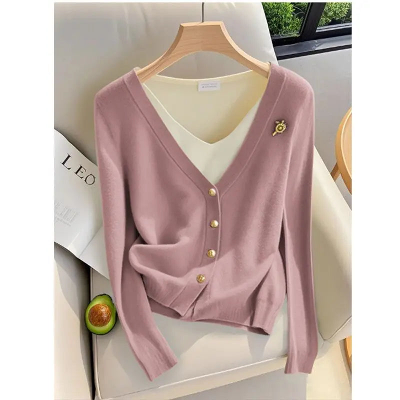 Women's faux knit cardigan with overlay shirt