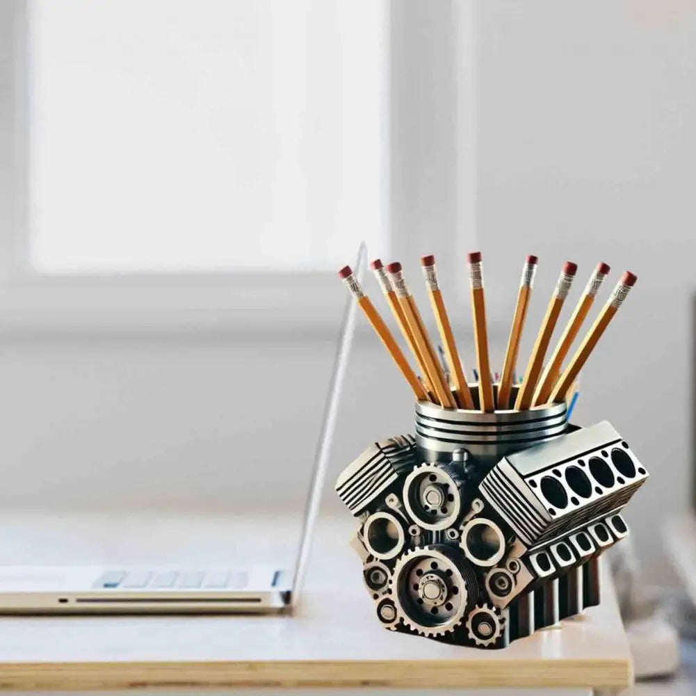 Resin V8 car engine pen holder.