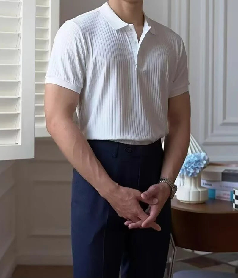 Vertical Striped Knit Polo Shirt