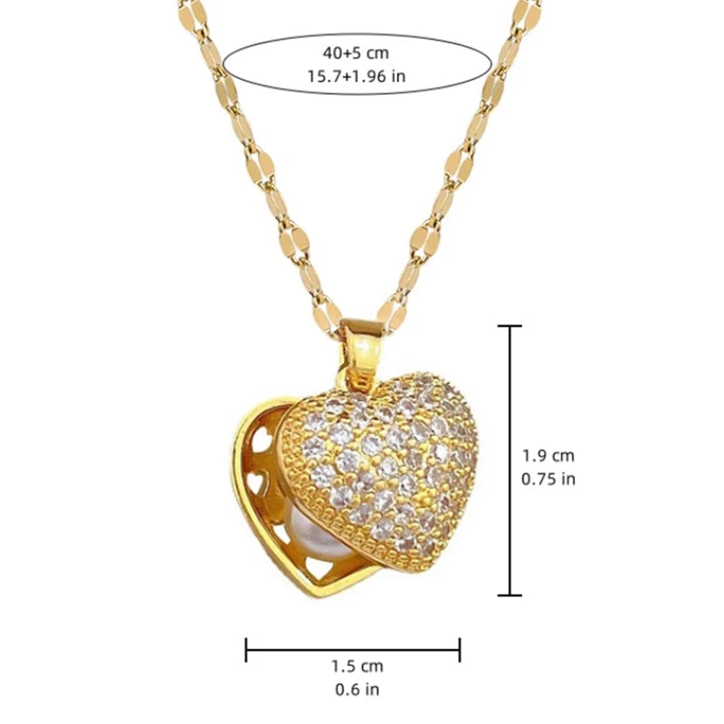 Golden Heart French Pearl Necklace with Zirconia