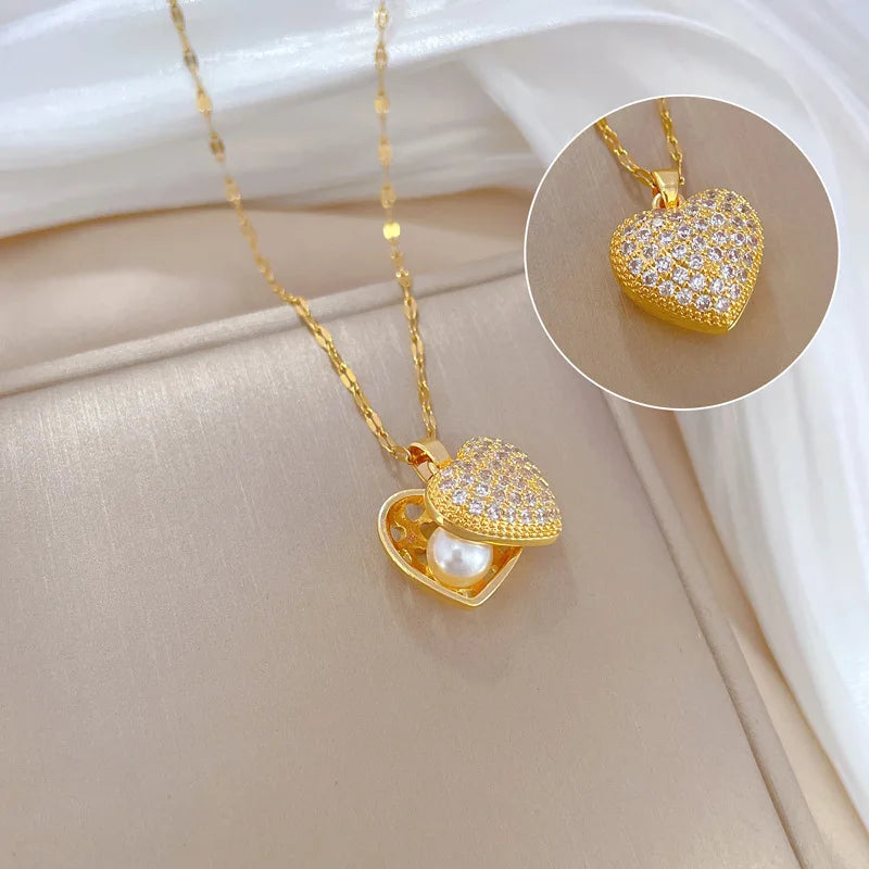 Golden Heart French Pearl Necklace with Zirconia