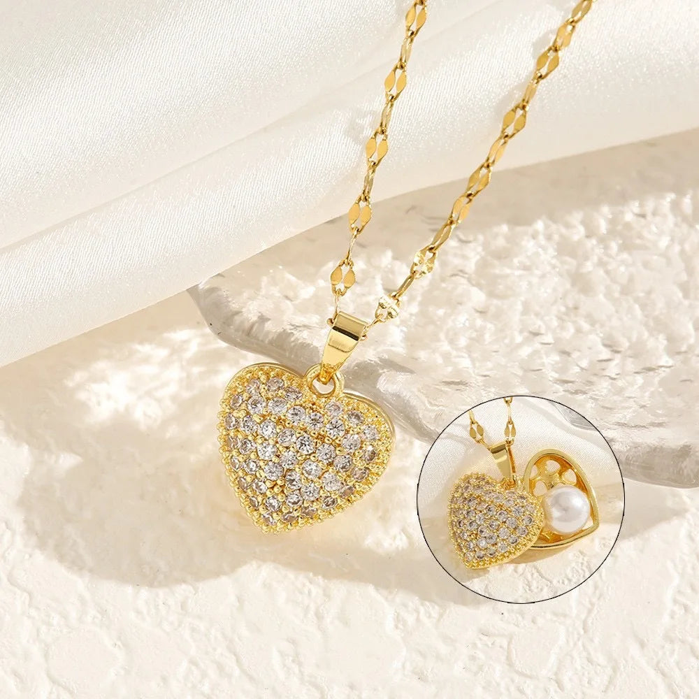 Golden Heart French Pearl Necklace with Zirconia