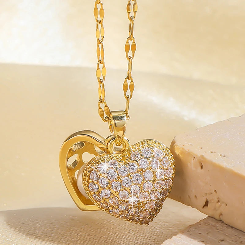 Golden Heart French Pearl Necklace with Zirconia