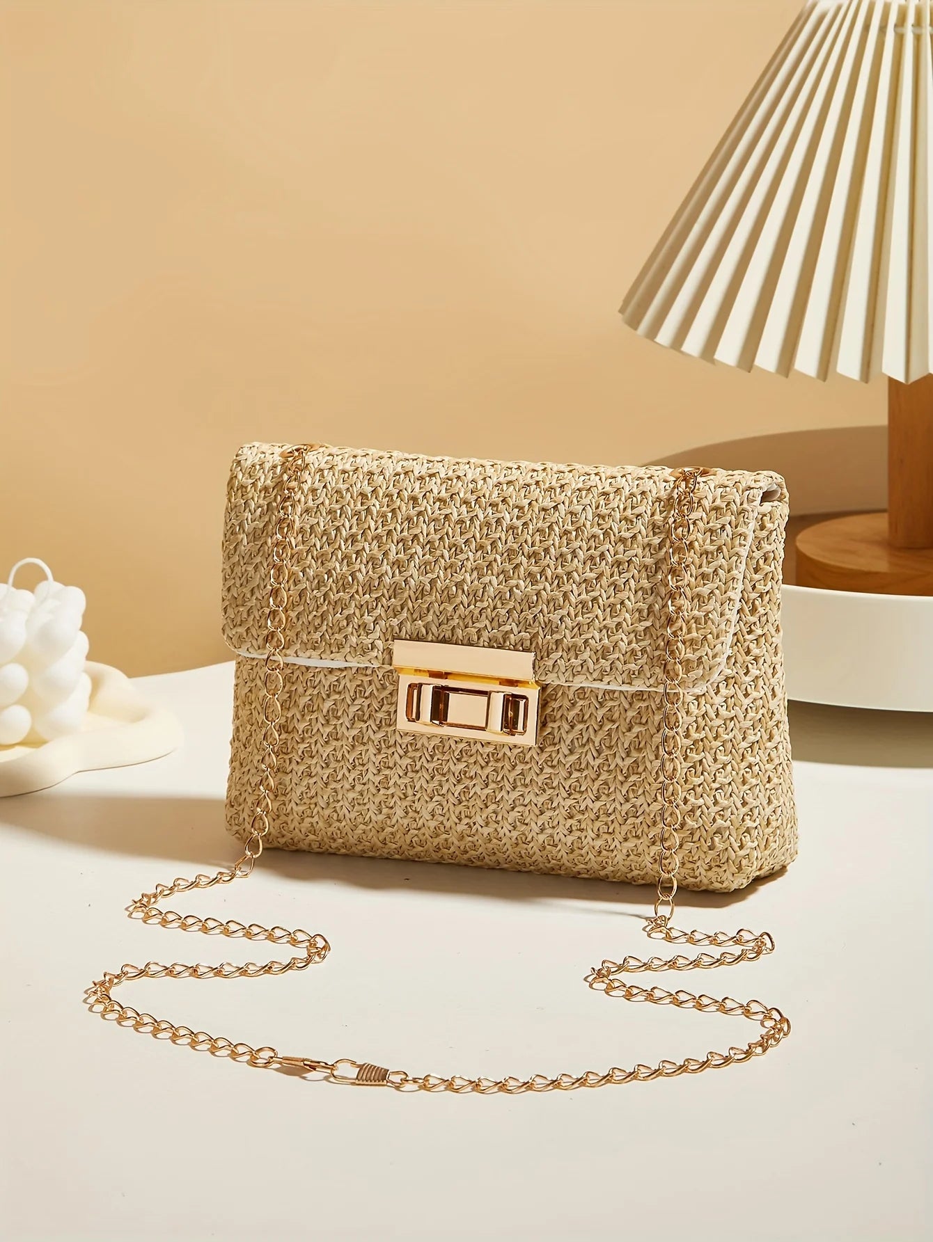 Modern Crossbody Bag with Lock Closure in Hand-Woven Straw