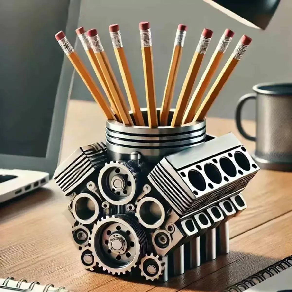 Resin V8 car engine pen holder.