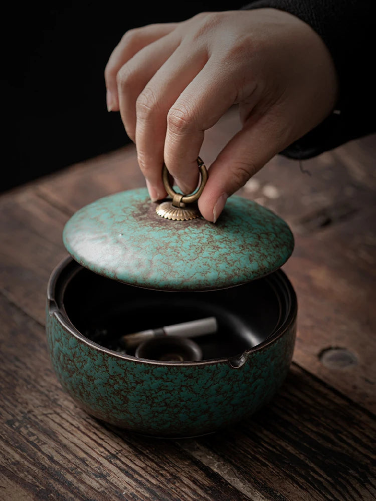 Green Ashtray with Retro Style Lid