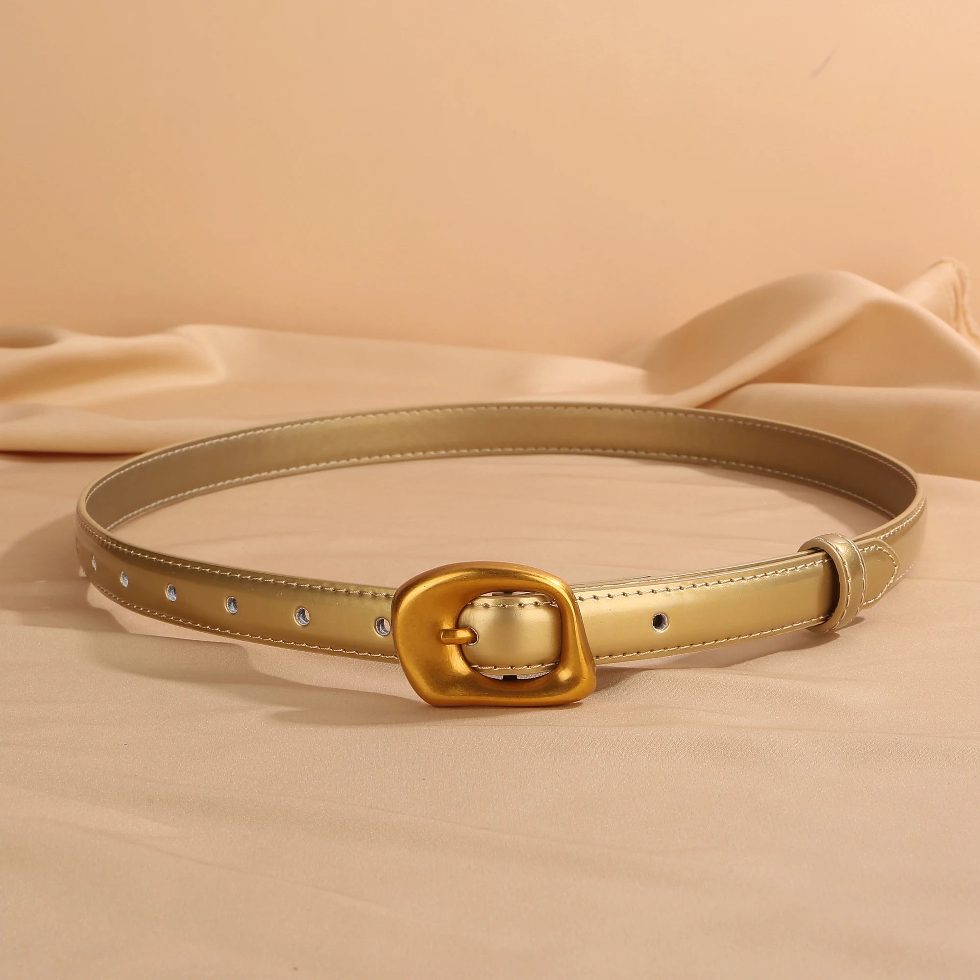Thin Leather Belt with Retro Gold Buckle