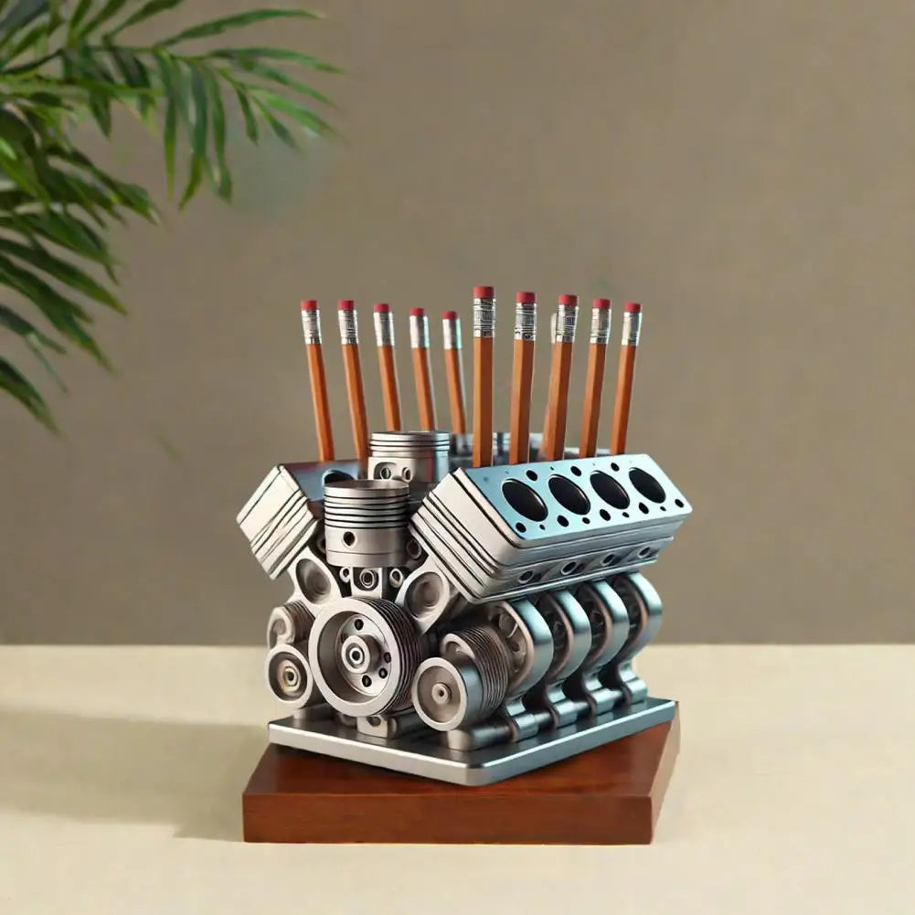 Resin V8 car engine pen holder.