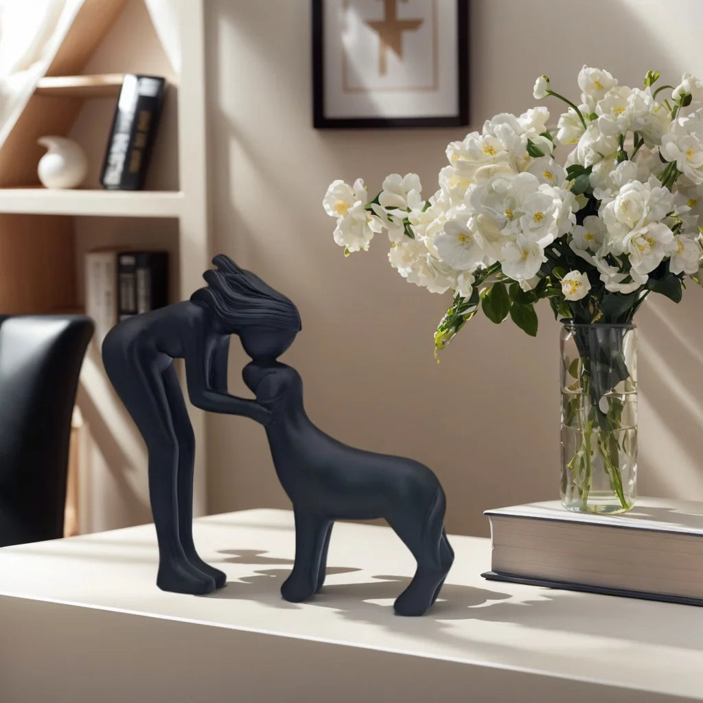Resin statue friendship between girl and dog for home decoration