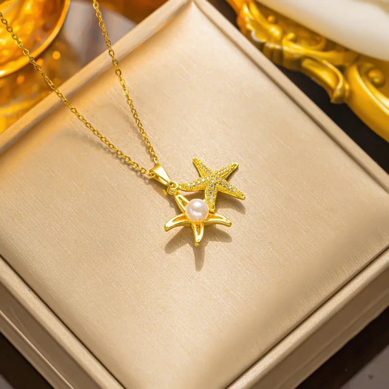 Golden Heart French Pearl Necklace with Zirconia
