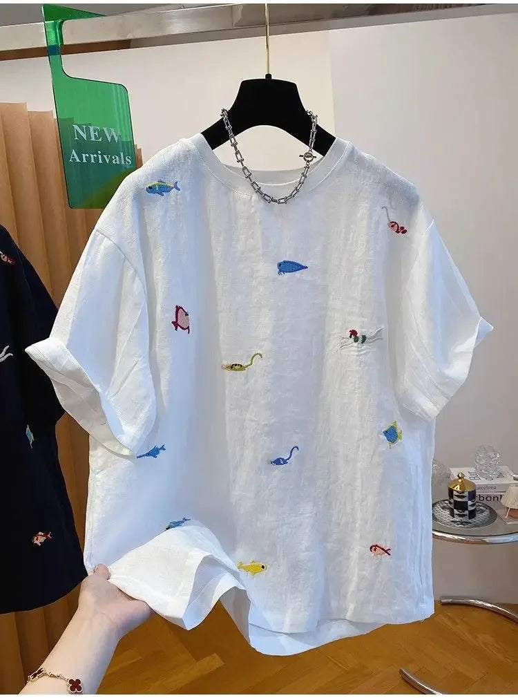 Women's Plus Size T-Shirt Embroidered with Animal Print