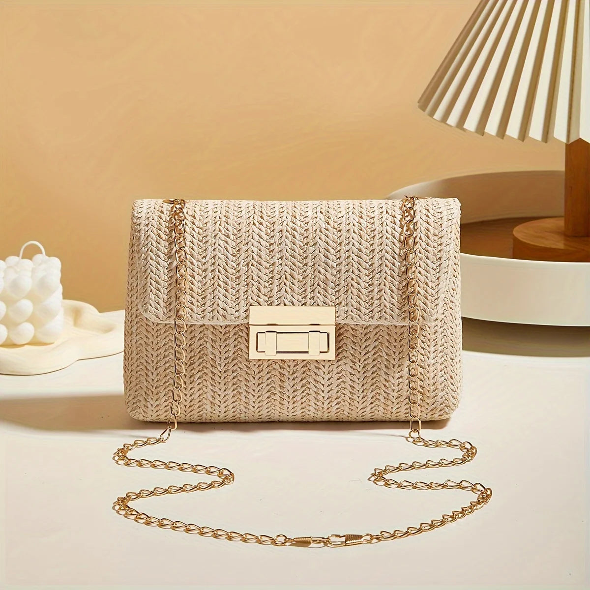 Modern Crossbody Bag with Lock Closure in Hand-Woven Straw