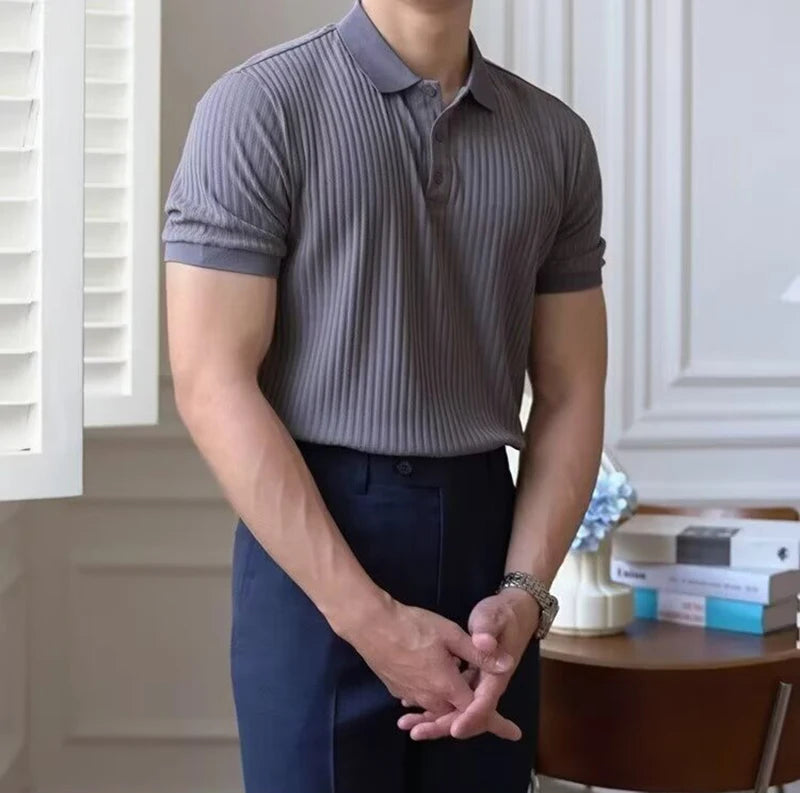Vertical Striped Knit Polo Shirt