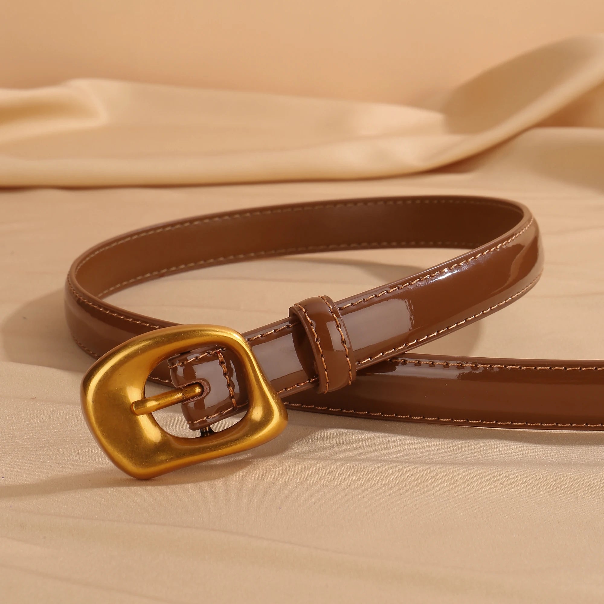 Thin Leather Belt with Retro Gold Buckle