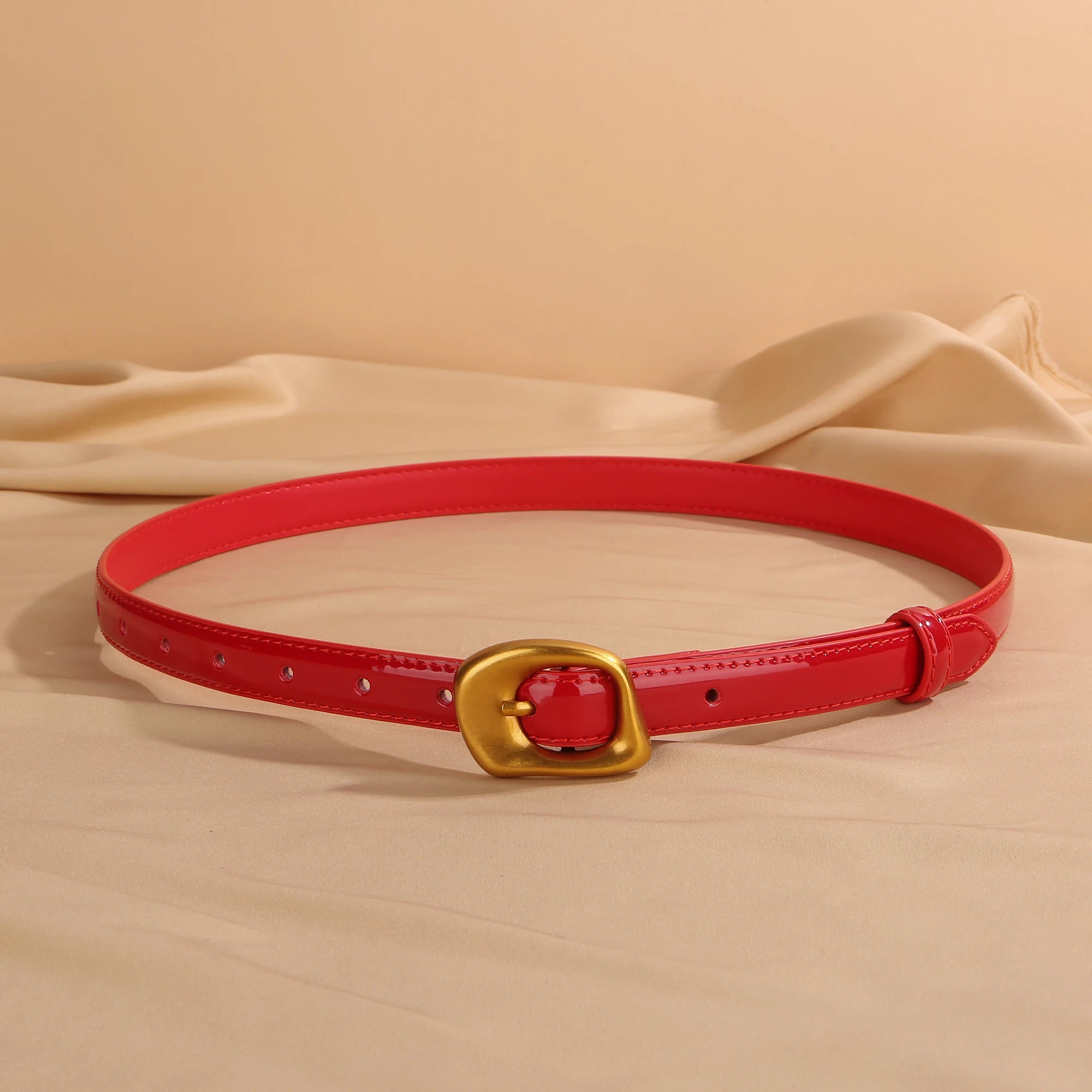 Thin Leather Belt with Retro Gold Buckle