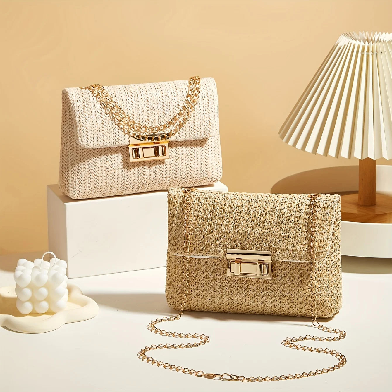 Modern Crossbody Bag with Lock Closure in Hand-Woven Straw