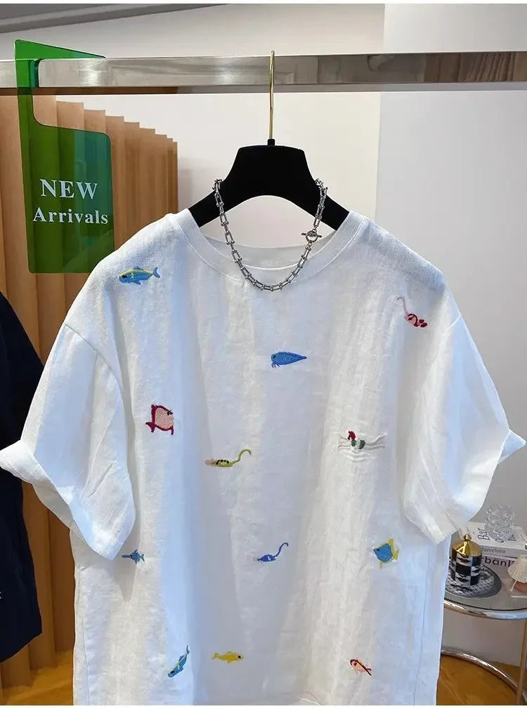 Women's Plus Size T-Shirt Embroidered with Animal Print