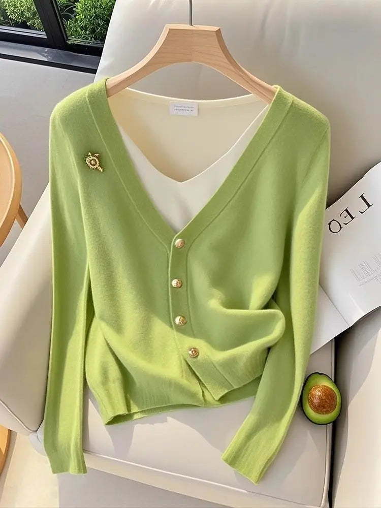 Women's faux knit cardigan with overlay shirt