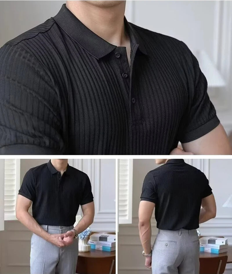 Vertical Striped Knit Polo Shirt