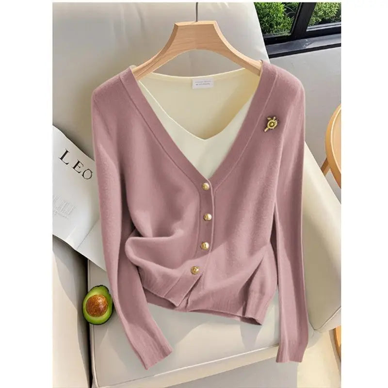 Women's faux knit cardigan with overlay shirt