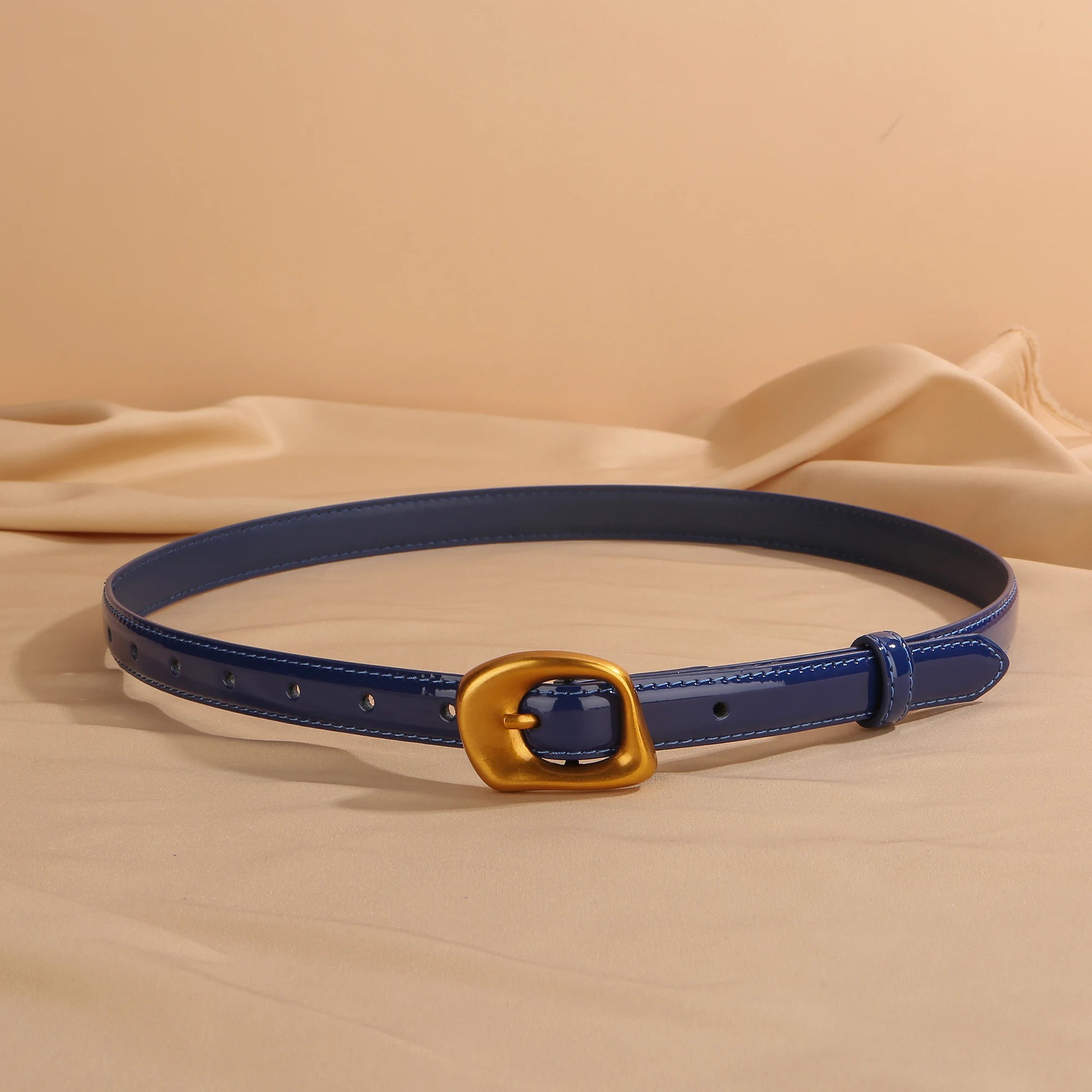 Thin Leather Belt with Retro Gold Buckle