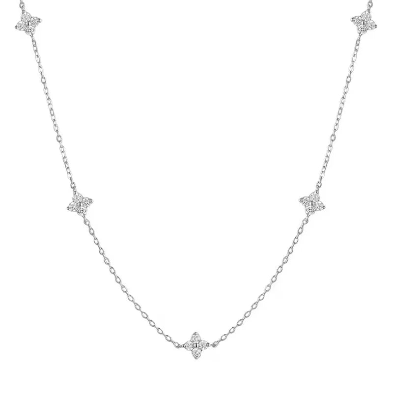 Lucky Choker Necklace with Zirconia and Four Leaf Flowers