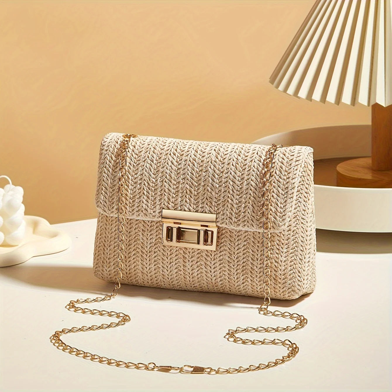Modern Crossbody Bag with Lock Closure in Hand-Woven Straw