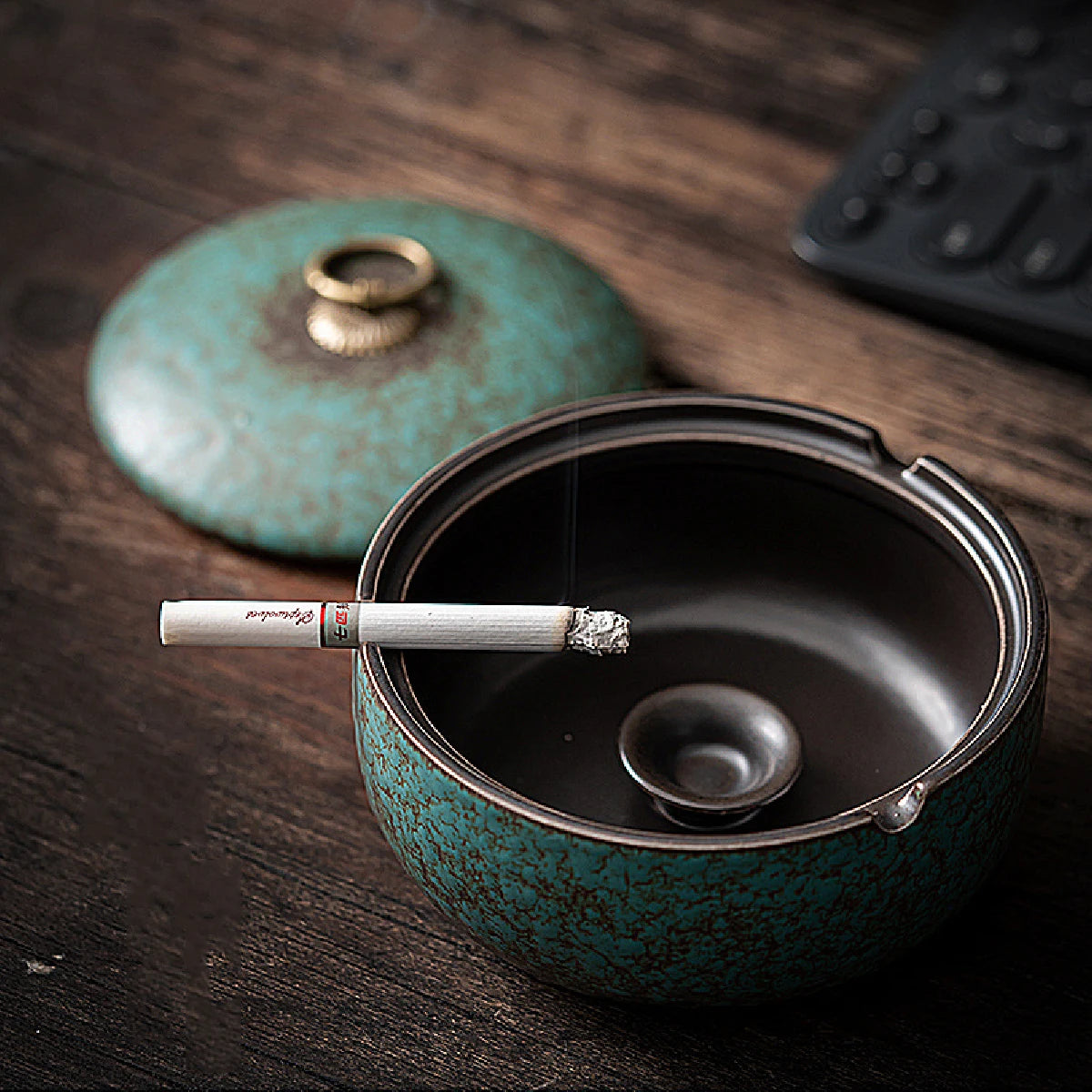 Green Ashtray with Retro Style Lid