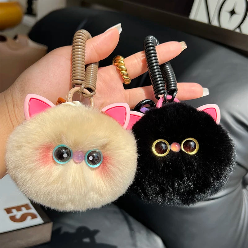 Cute kitten keychain with soft fur ball