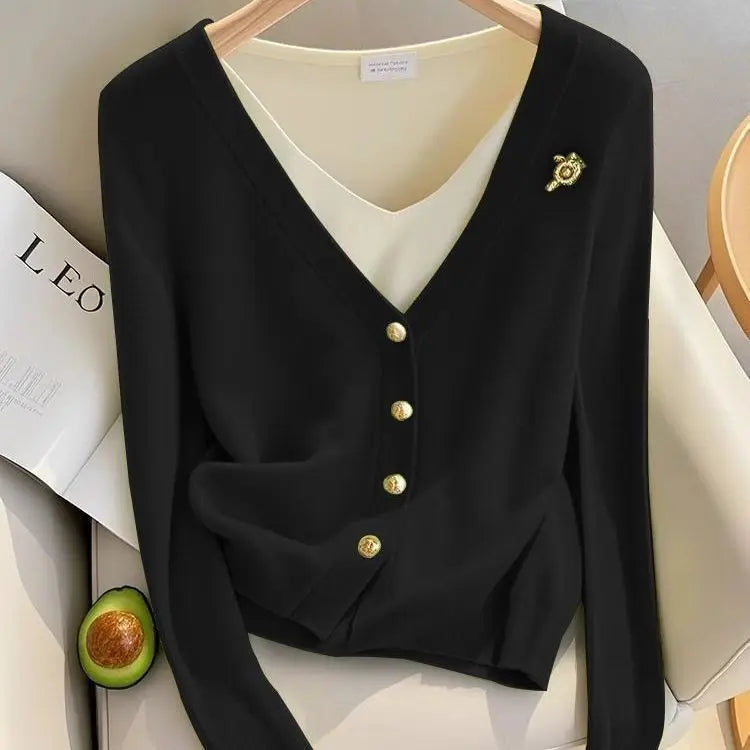 Women's faux knit cardigan with overlay shirt