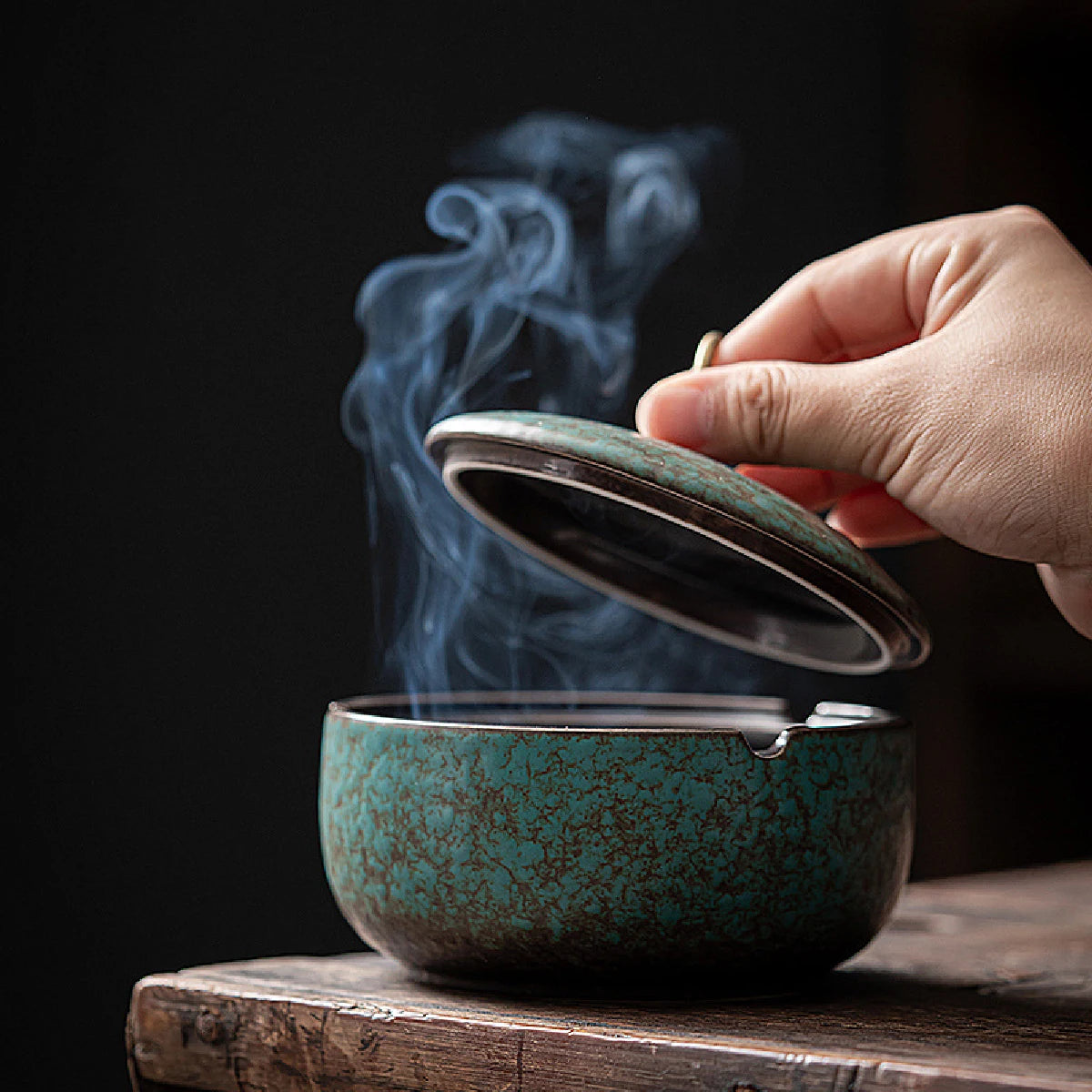 Green Ashtray with Retro Style Lid