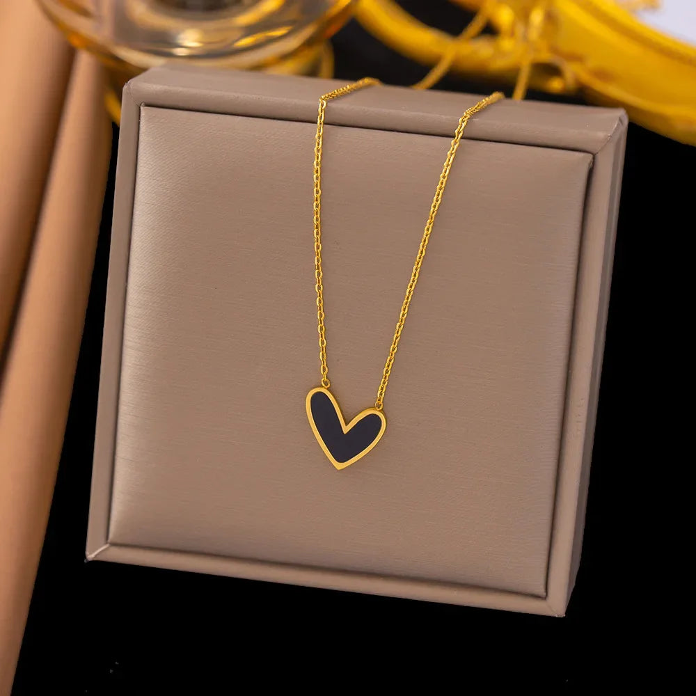 Korean Style Gold and Black Stainless Steel Heart Necklace