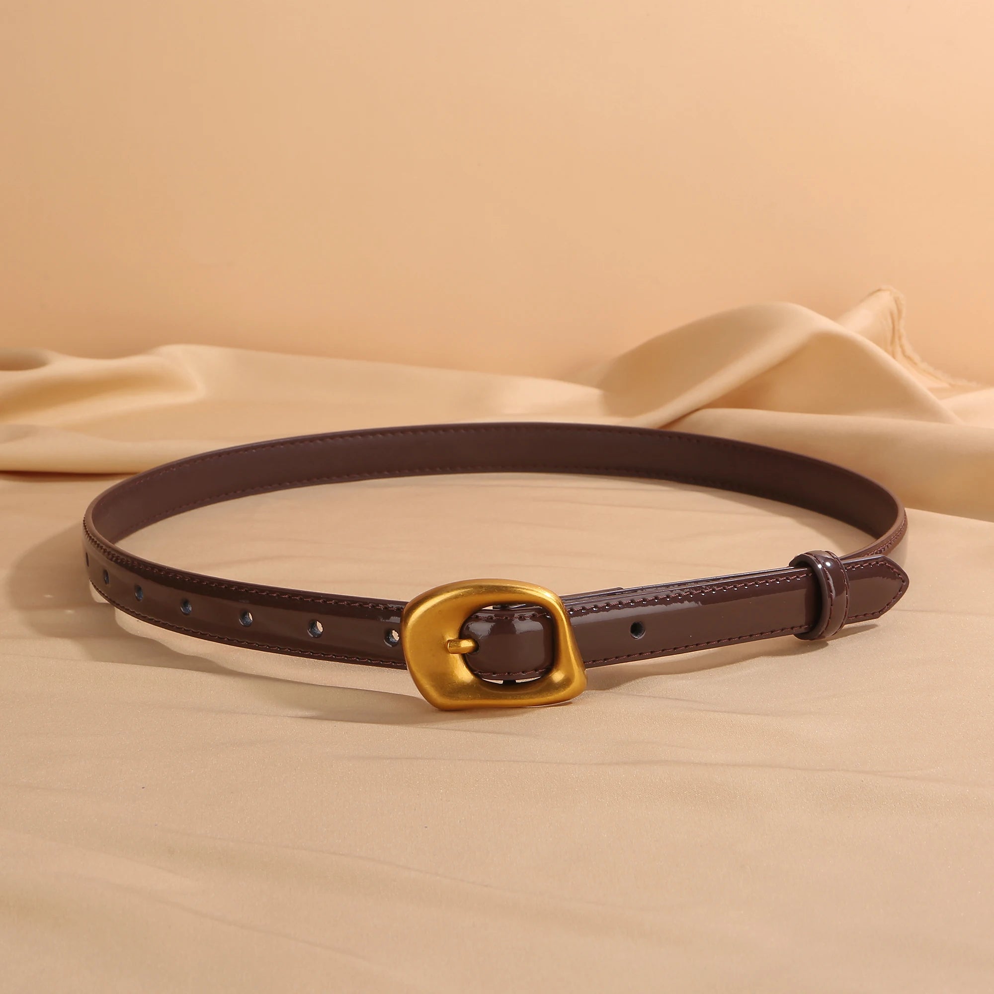 Thin Leather Belt with Retro Gold Buckle