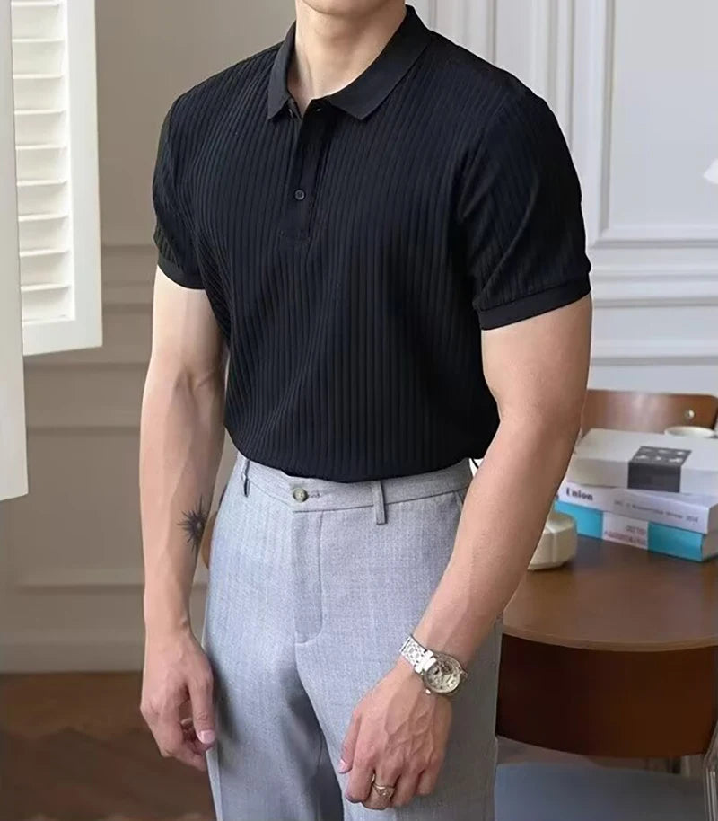 Vertical Striped Knit Polo Shirt