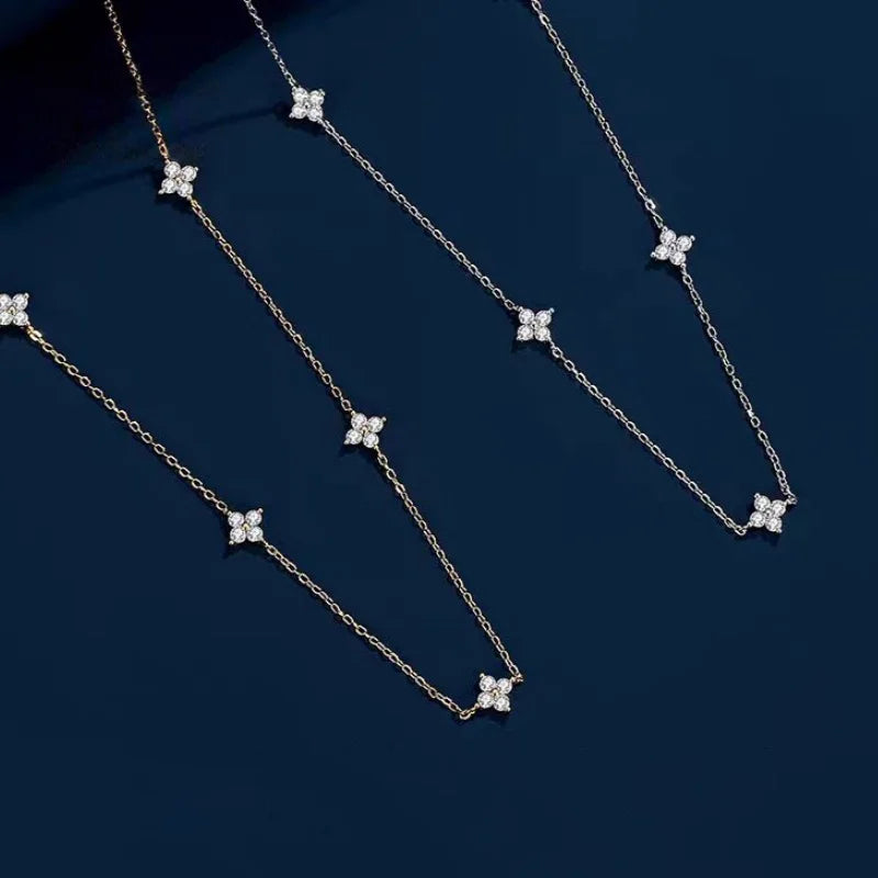 Lucky Choker Necklace with Zirconia and Four Leaf Flowers