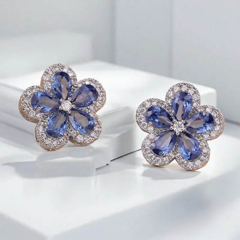 Earrings and Necklace with Cherry Blossom Pendant and Blue Zirconia Stone