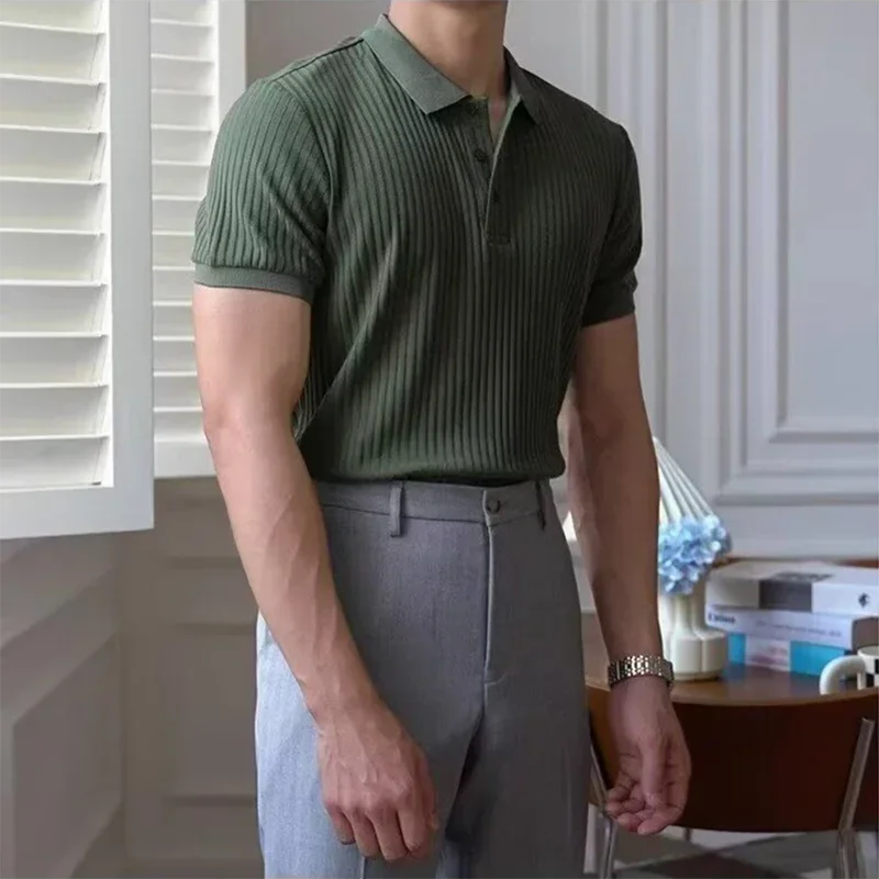 Vertical Striped Knit Polo Shirt