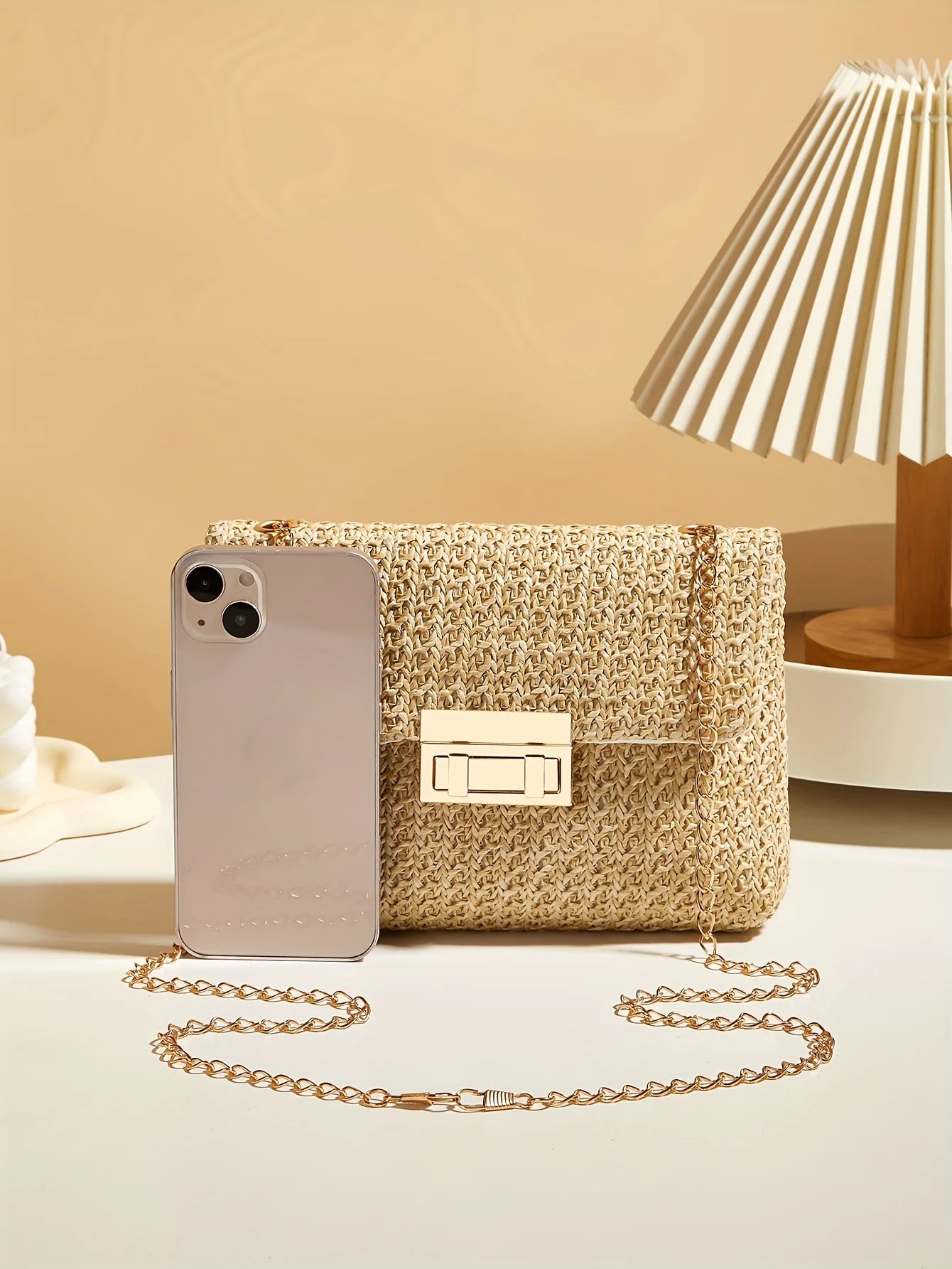 Modern Crossbody Bag with Lock Closure in Hand-Woven Straw