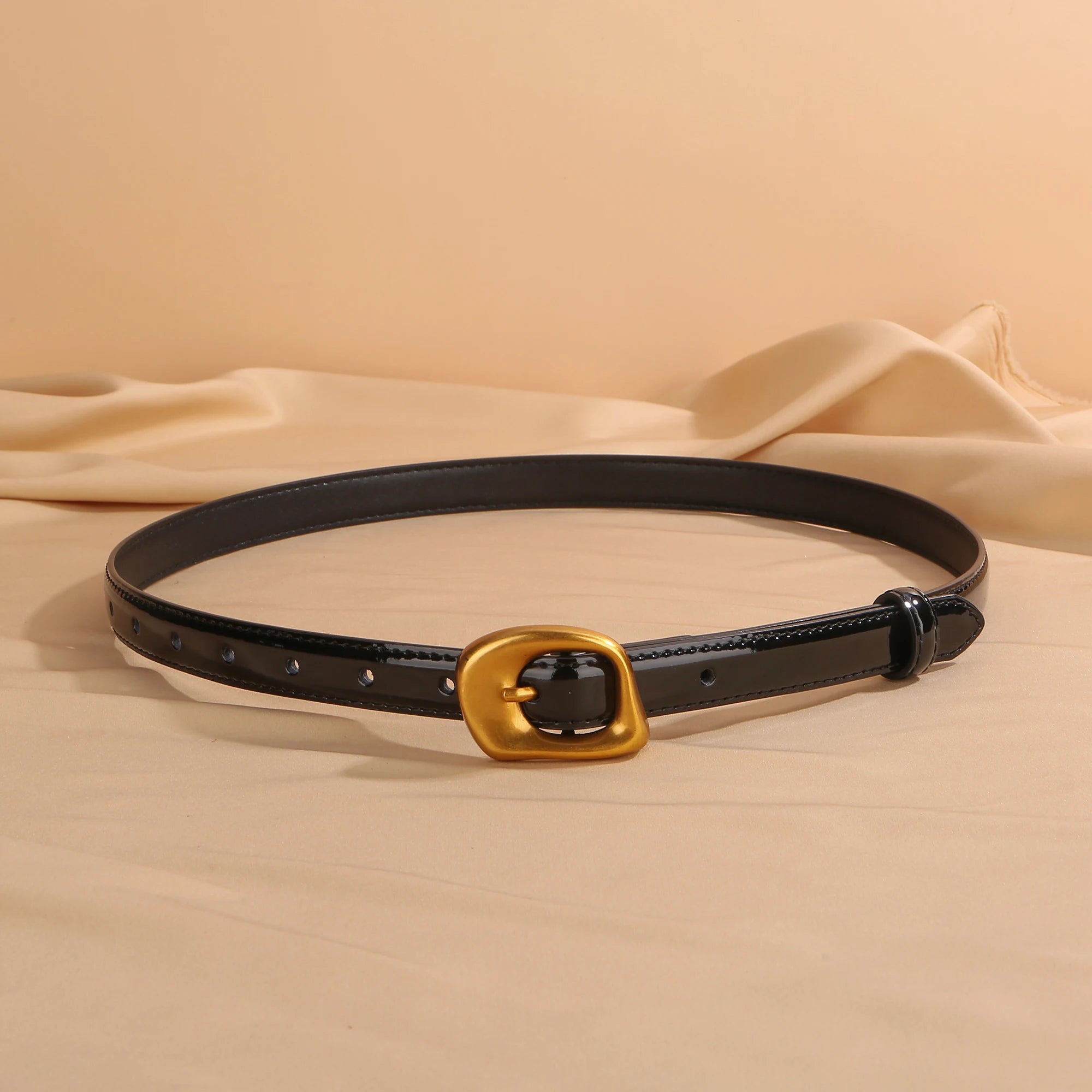 Thin Leather Belt with Retro Gold Buckle