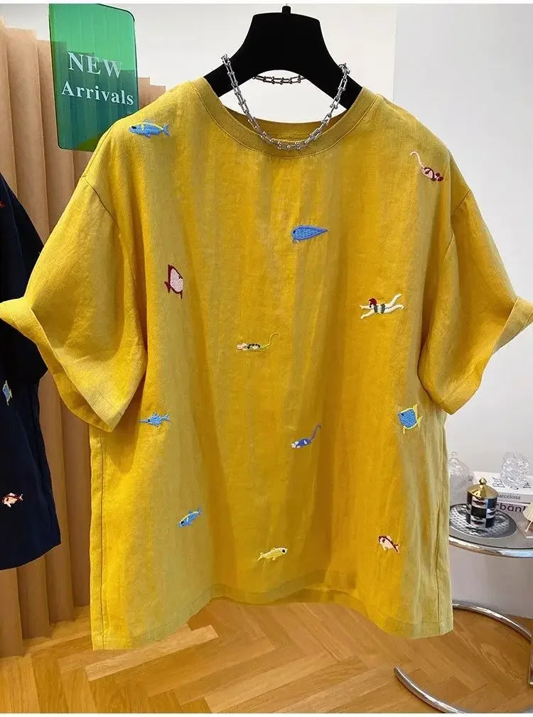 Women's Plus Size T-Shirt Embroidered with Animal Print