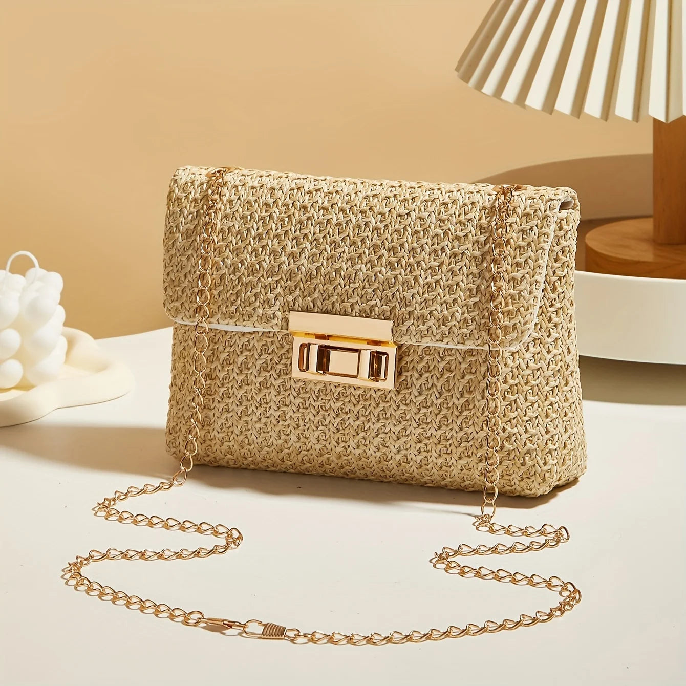 Modern Crossbody Bag with Lock Closure in Hand-Woven Straw