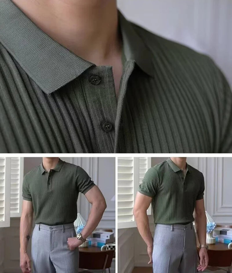 Vertical Striped Knit Polo Shirt