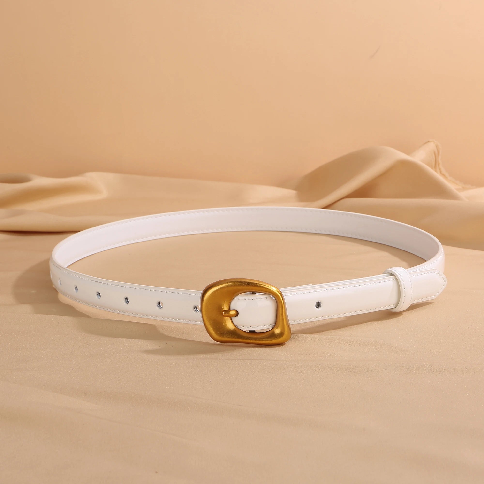 Thin Leather Belt with Retro Gold Buckle