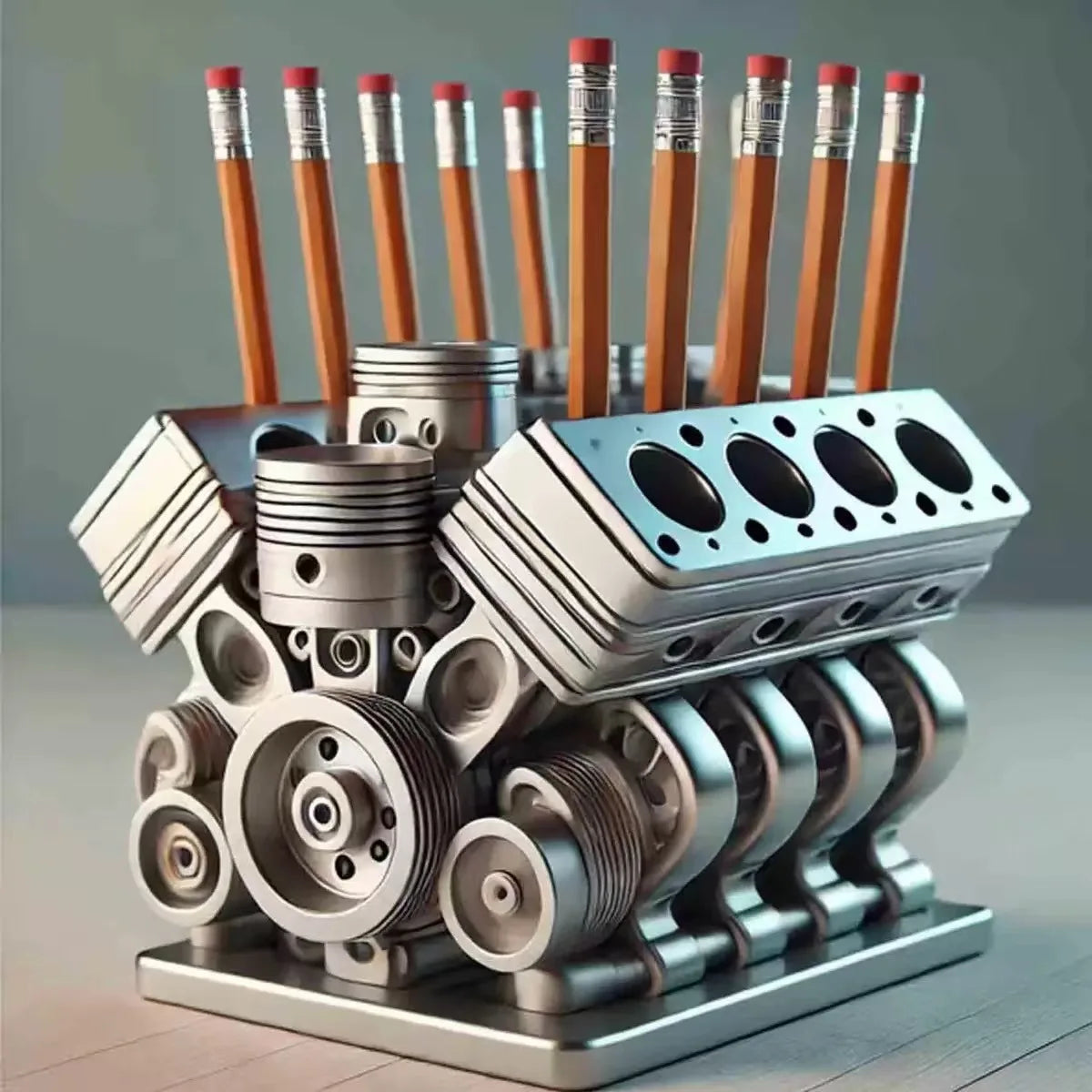 Resin V8 car engine pen holder.