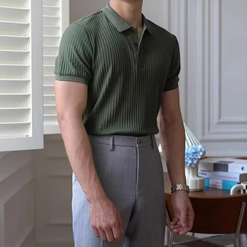 Vertical Striped Knit Polo Shirt