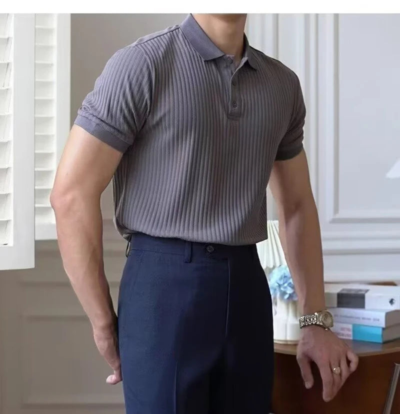 Vertical Striped Knit Polo Shirt