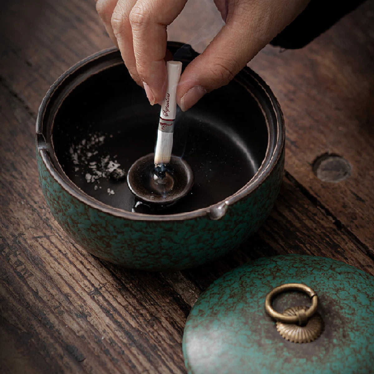 Green Ashtray with Retro Style Lid