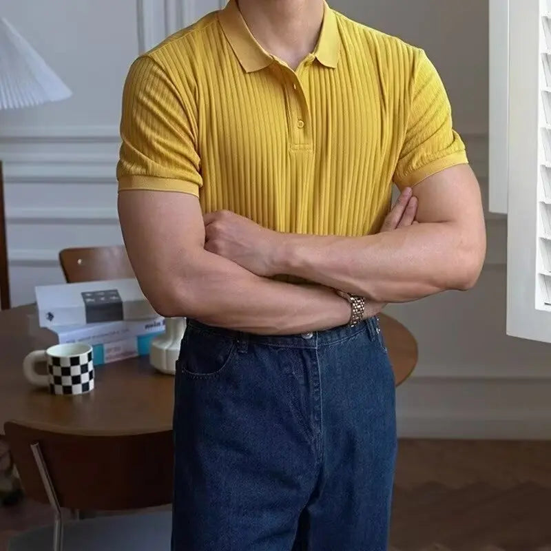 Vertical Striped Knit Polo Shirt