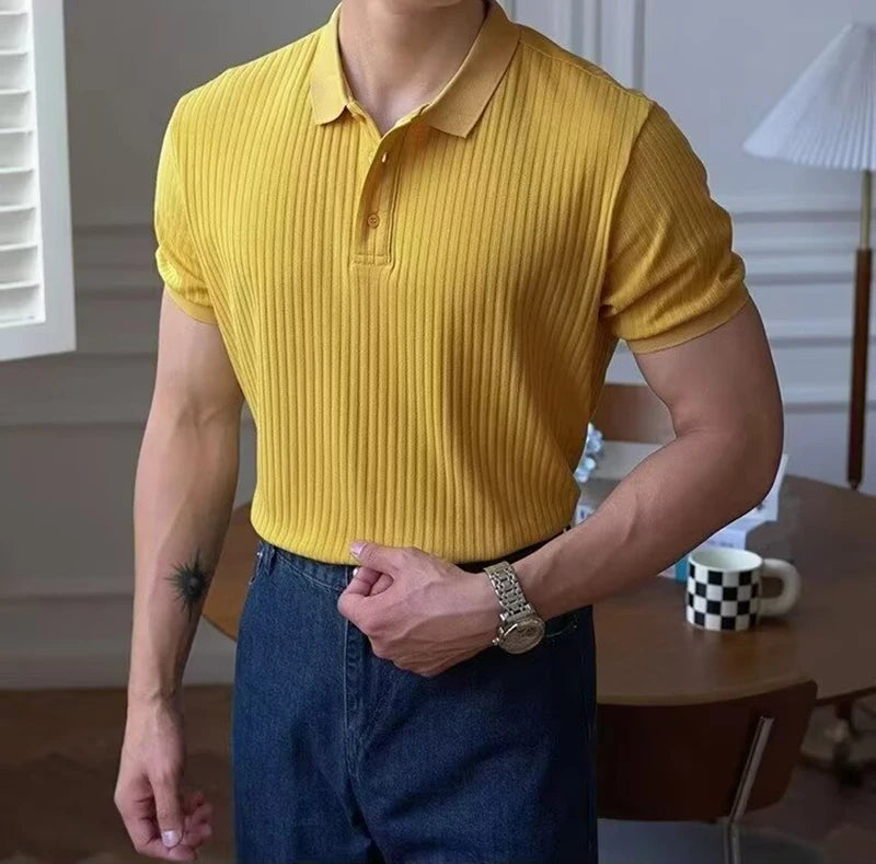 Vertical Striped Knit Polo Shirt