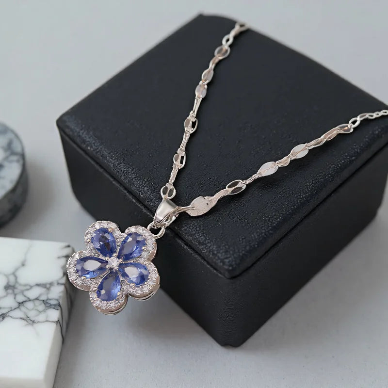 Earrings and Necklace with Cherry Blossom Pendant and Blue Zirconia Stone